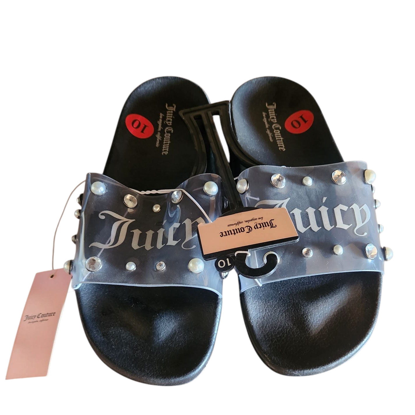Juicy Couture Black Slide Sandals With Clear Studded Strap
